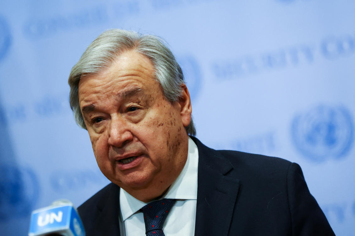 United Nations Secretary-General Antonio Guterres deliver remarks to reporters outside the UN Security Council where he appealed on for a three day cease-fire of hostilities in Sudan to mark the Muslim holiday of Eid Al-Fitr at UN, headquarters in New York City. (Reuters)