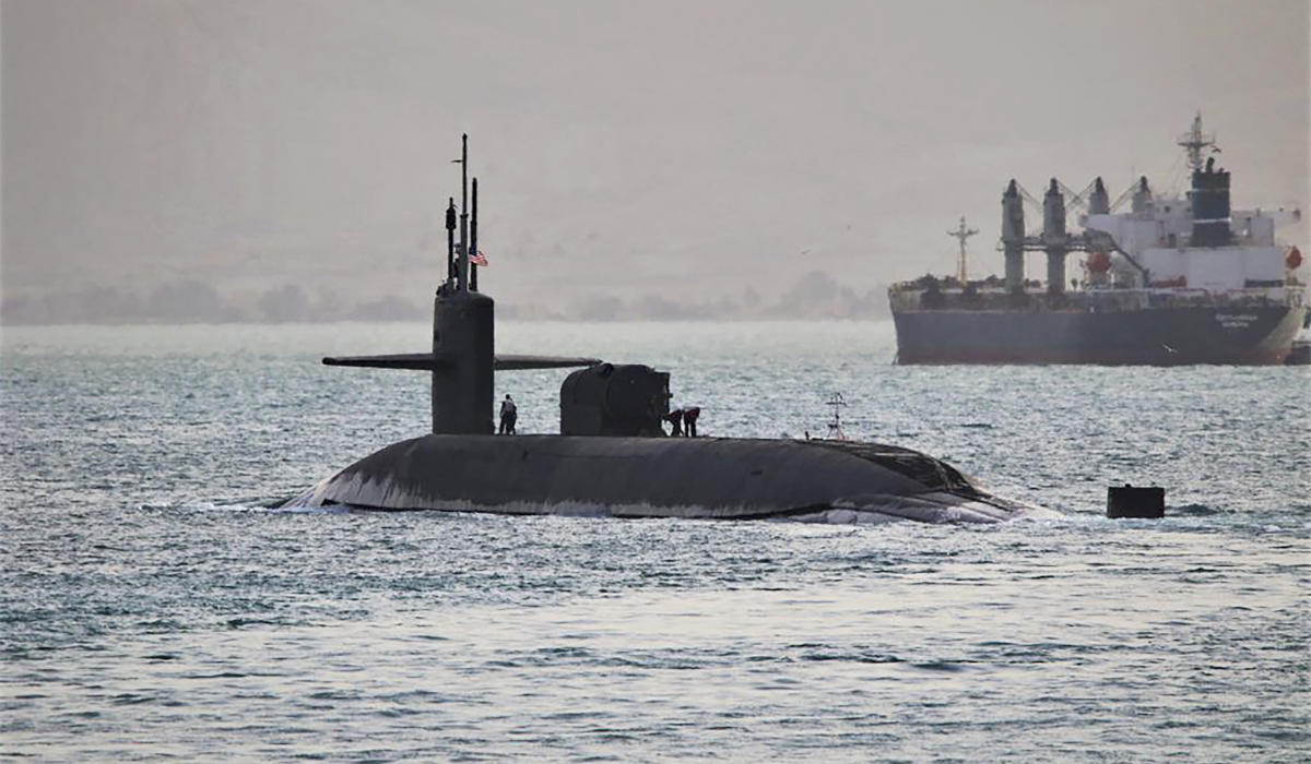 This handout photo released on April 7, 2023 by the US Defence Visual Information Distribution Service (DVIDS) shows guided-missile submarine USS Florida (SSGN 728) transiting the Suez Canal en route to the Red Sea. (AFP)