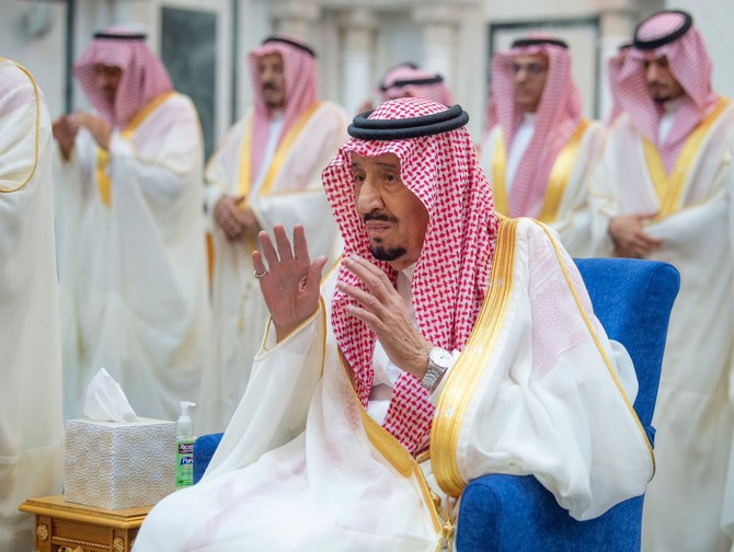 Saudi Arabia’s King Salman performs Eid Al-Fitr prayers at Al-Salam Palace in Jeddah, Saudi Arabia, on April 21, 2023. (SPA)