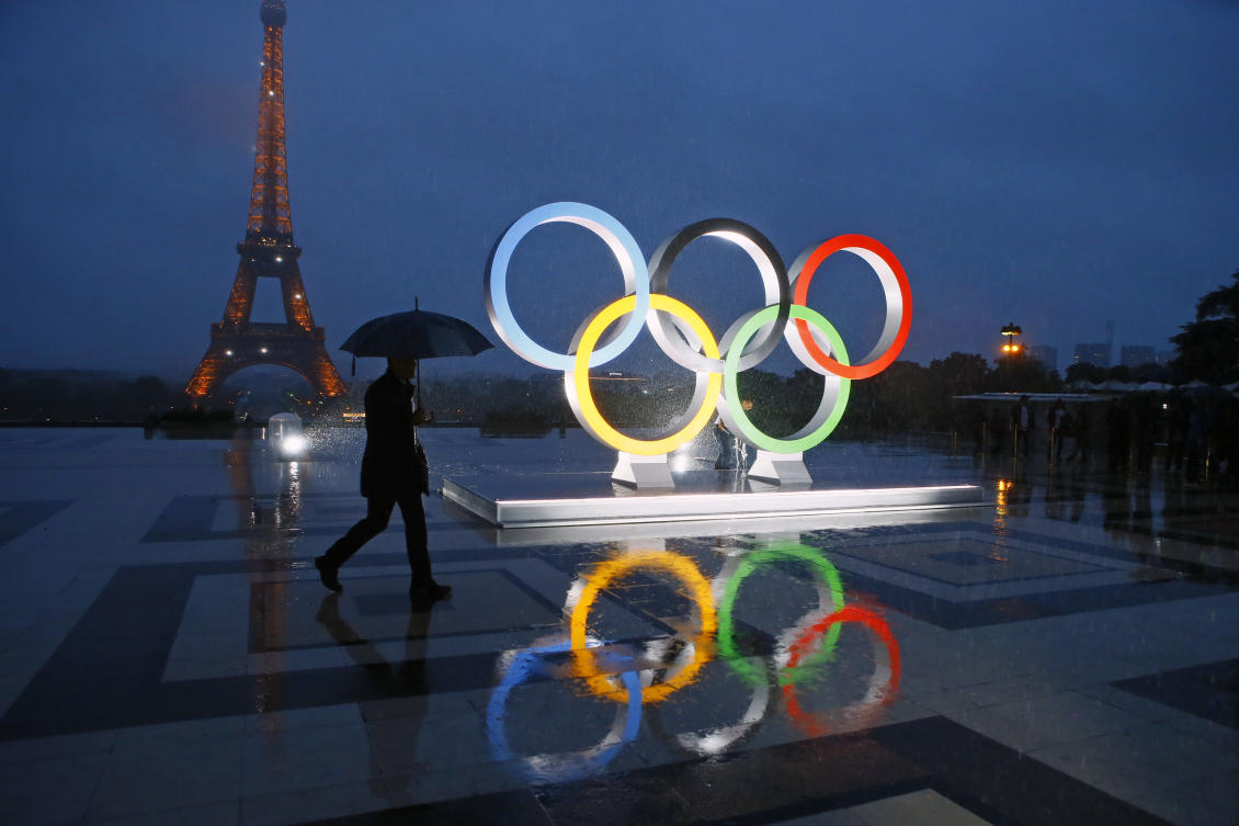 A display of the Olympic rings is set up on Trocadero plaza that overlooks the Eiffel Tower, after the vote awarding the 2024 Games to the French capital, in Paris, on Sept. 13, 2017. (AP/File)