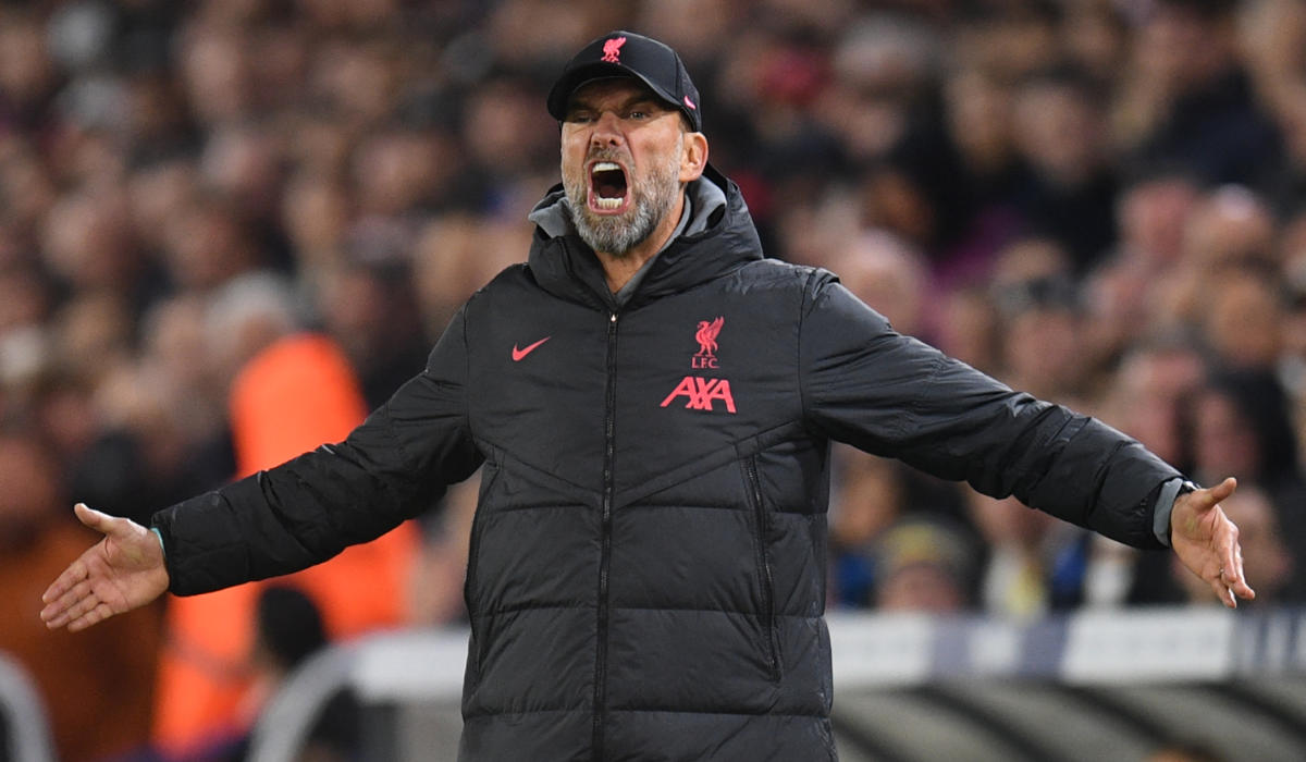 Liverpool's German manager Jurgen Klopp gestures on the touchline during the English Premier League football match between Leeds United and Liverpool at Elland Road in Leeds, northern England on April 17, 2023. (AFP)
