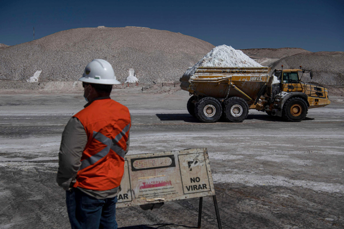 A truck transports magnesium chloride from the lithium mine of the Chilean company SQM (Sociedad Quimica Minera) in the Atacama Desert, Calama, Chile. (AFP)