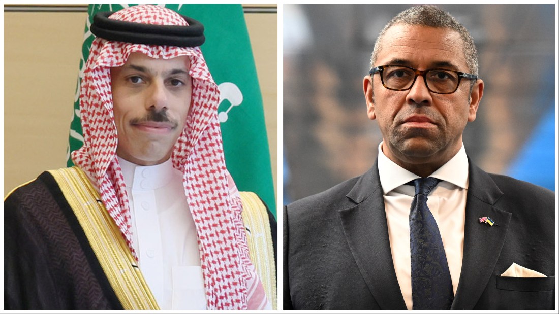 Saudi Foreign Minister Prince Faisal bin Farhan held a phone call with UK Foreign Secretary James Cleverly. (File/SPA/AFP)