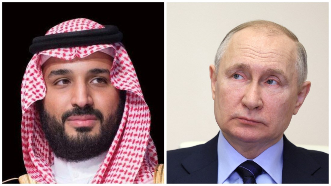 Saudi Arabia’s Crown Prince Mohammed bin Salman and Russia’s President Vladimir Putin. (SPA/AFP/File Photos)