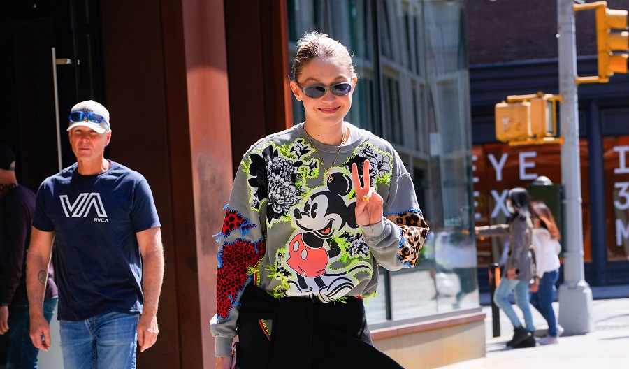 Gigi Hadid was photographed leaving New York on her way to Disney World. (Getty Images)