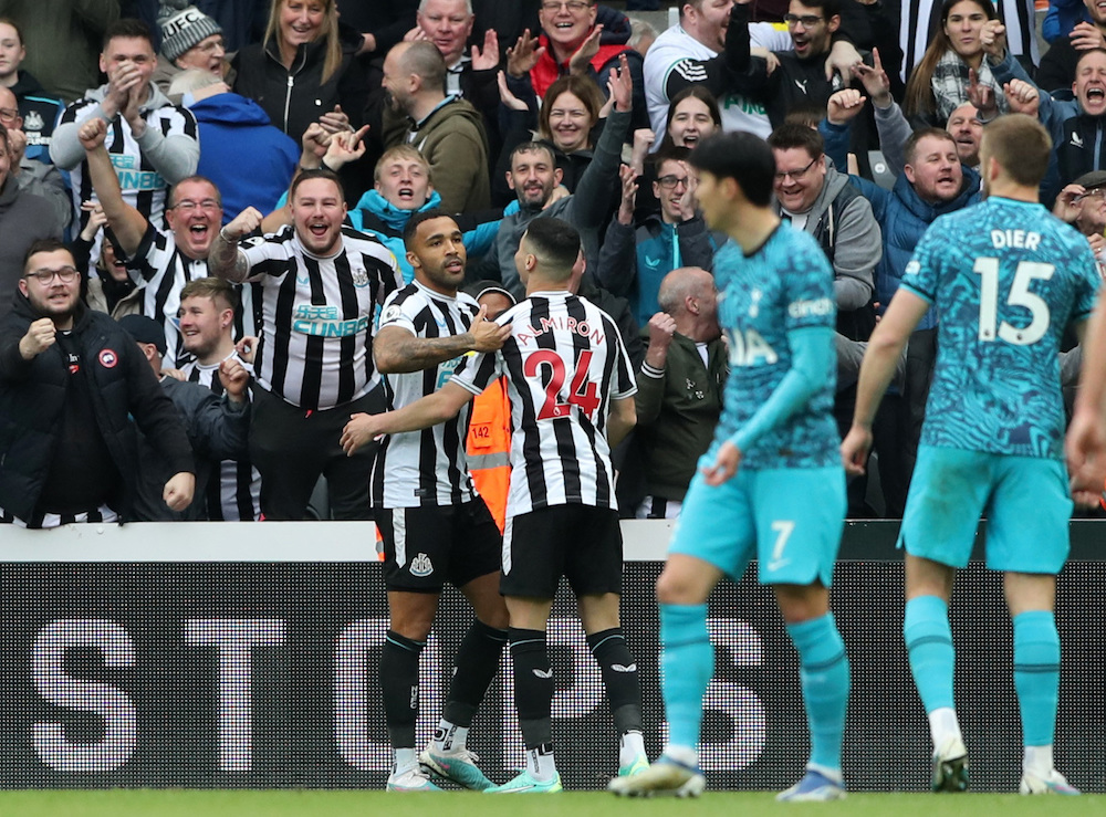 Newcastle United's Callum Wilson celebrates scoring their sixth goal with Miguel Almiron. (Reuters)