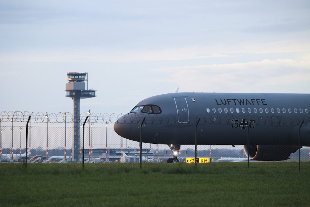 The Luftwaffe has flown out 311 people so far from an airfield near Khartoum. Above, an air force plane with 101 people aboard lands at Berlin Brandenburg Airport in Schonefeld, Germany on April 24, 2023. (dpa via AP)