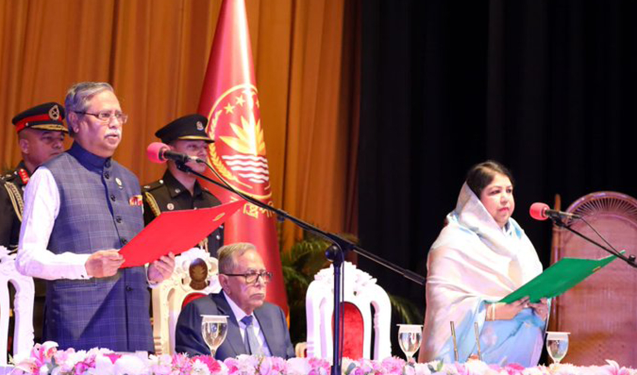 The photo posted on April 24, 2023, shows Mohammed Shahabuddin taking oath as the president of Bangladesh in Dhaka, Bangladesh. (Photo courtesy: @AmbImranS/Twitter)