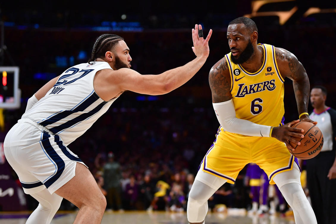 LeBron James, right, led the Los Angeles Lakers to a commanding 3-1 charge in their first-round playoff series against the Memphis Grizzlies on Monday night. (USA TODAY Sports)