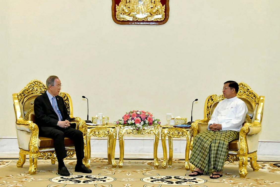 Above, Myanmar junta chief Min Aung Hlaing, right, meets with former United Nations chief Ban Ki-moon in Nay Pyi Taw. (Myanmar Military Information Team/AFP)