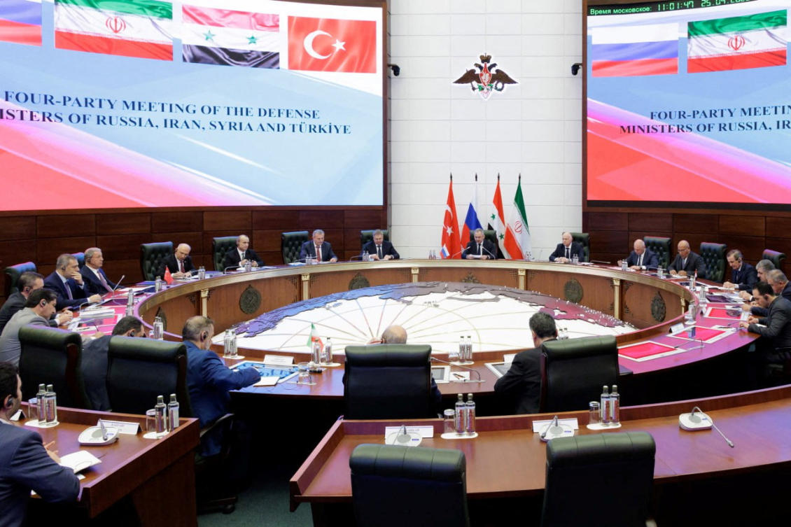 Officials attend a meeting of defense ministers of Russia, Iran, Syria and Turkiye in Moscow on April 25, 2023. (Russian Defense Ministry via Reuters)