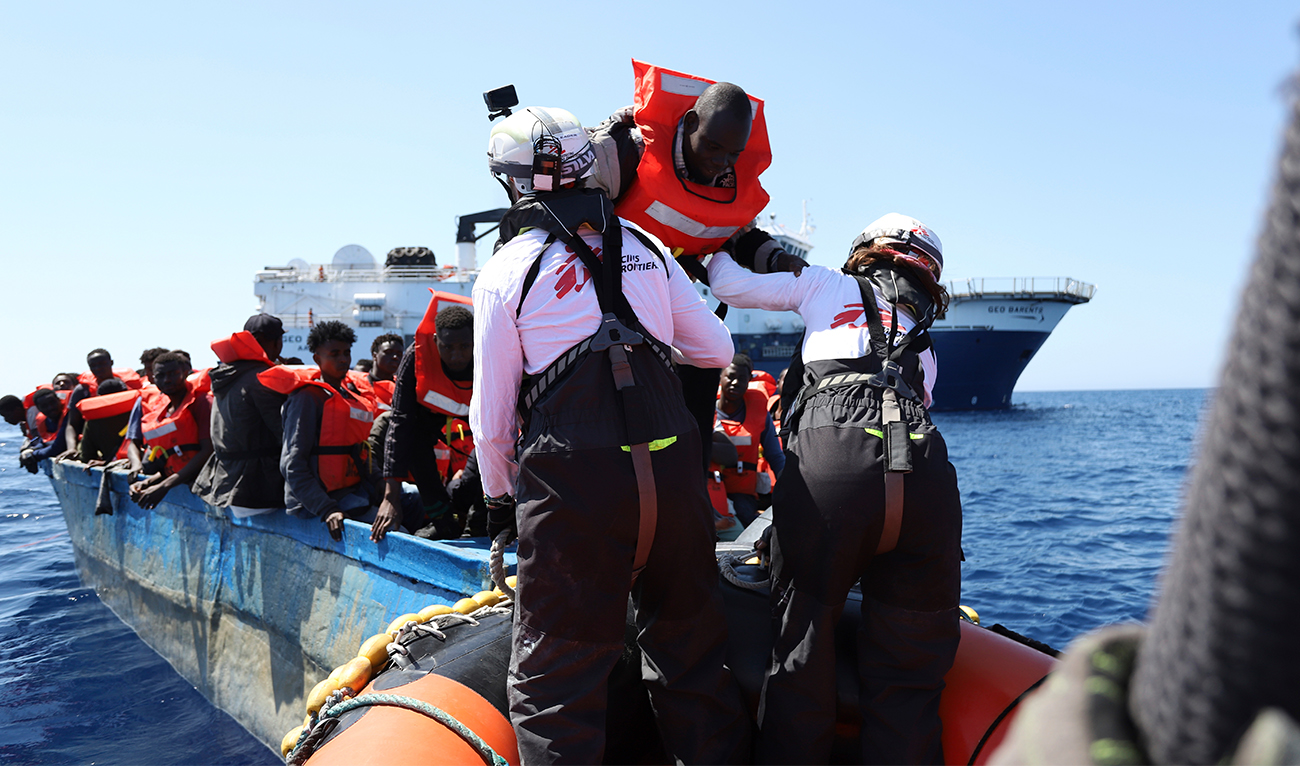 Migrants are rescued by the crew of the rescue boat Geo Barents on April 24, 2023, in the international waters off the coast of Libya. (AP)