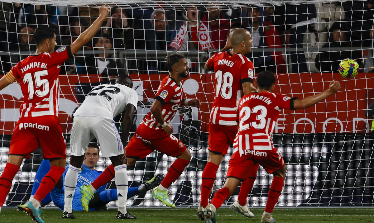Girona's Taty Castellanos, center, celebrates after scoring his side's fourth goal during a Spanish La Liga soccer match between Girona and Real Madrid, at the Montilivi stadium in Girona, Spain, Tuesday. (AP)