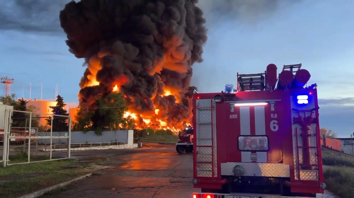 In this handout photo made from video released by the Governor of Sevastopol Mikhail Razvozhaev telegram channel on Saturday, April 29, 2023, smoke and flame rise from a burning fuel tank in Sevastopol, Crimea. (Sevastopol Governor Mikhail Razvozhaev telegram channel/AP)
