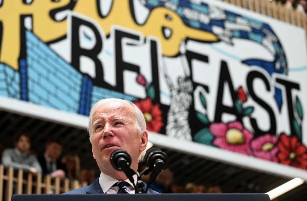 US President Joe Biden gives a speech at Ulster University during his trip to Northern Ireland and Ireland. Apr. 12, 2023 (AFP)