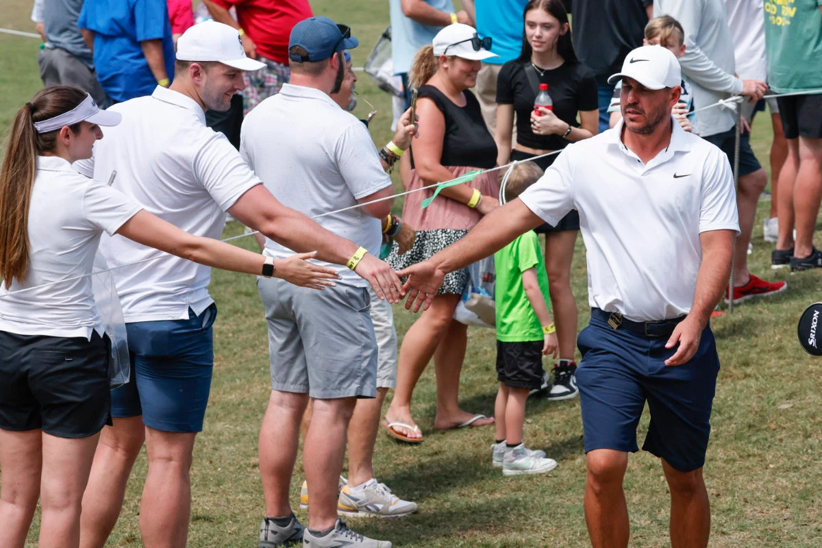 Brooks Koepka of the Smash golf club shakes hands on his way to the 7th tee during the first round of a LIV Golf event at Orange County National in Orlando, Florida, on Mar 31, 2023. (Reinhold Matay-USA TODAY Sports)