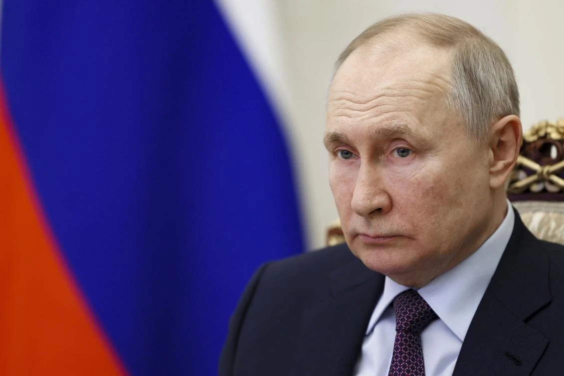 Russian President Vladimir Putin attends a ceremony to open new pharmaceutical production facilities in the Kaliningrad Region, Mordovia and St. Petersburg via videoconference in Moscow, Russia, Thursday, March 30, 2023. (AP)