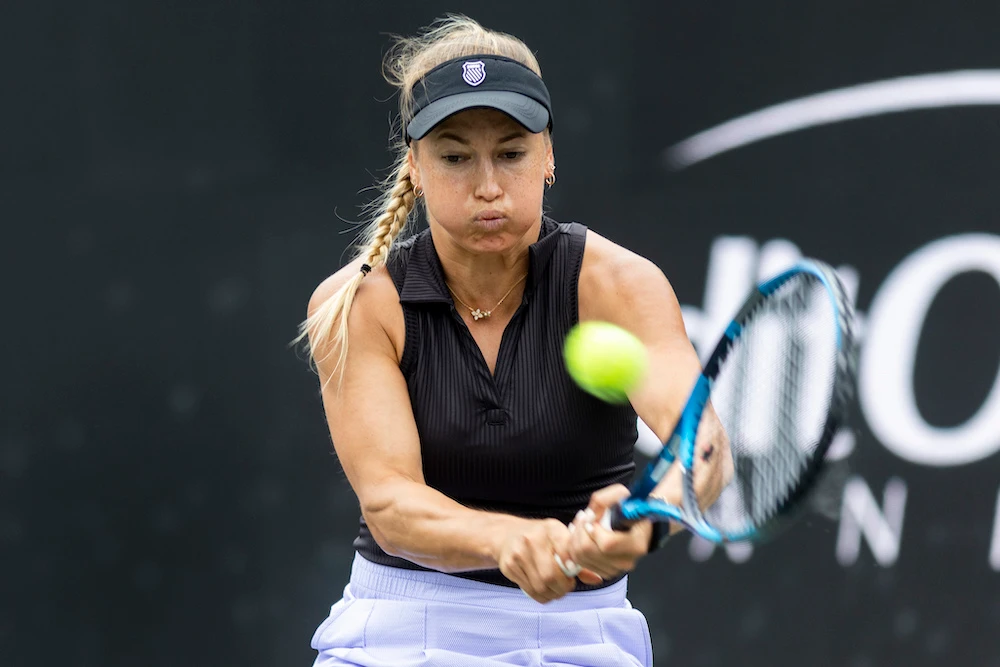 Yulia Putintseva, of Kazakhstan, returns a shot against Elina Svitolina, of Ukraine, during action at the Charleston Open tennis tournament in Charleston, S.C., Monday. (AP)