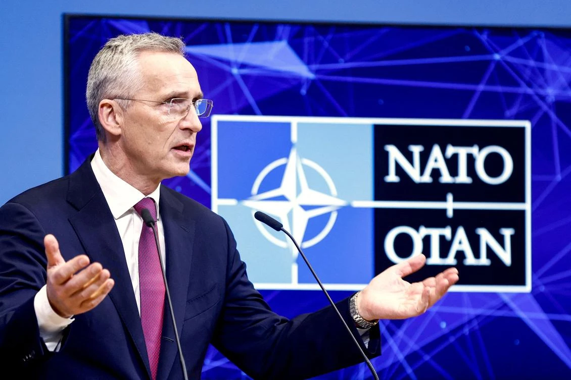 NATO Secretary General Jens Stoltenberg during a press conference at the end of a two-day meeting of North Atlantic Council (NAC) Ministers of Foreign Affairs at the NATO headquarters in Brussels on Apr. 05, 2023. (AFP)