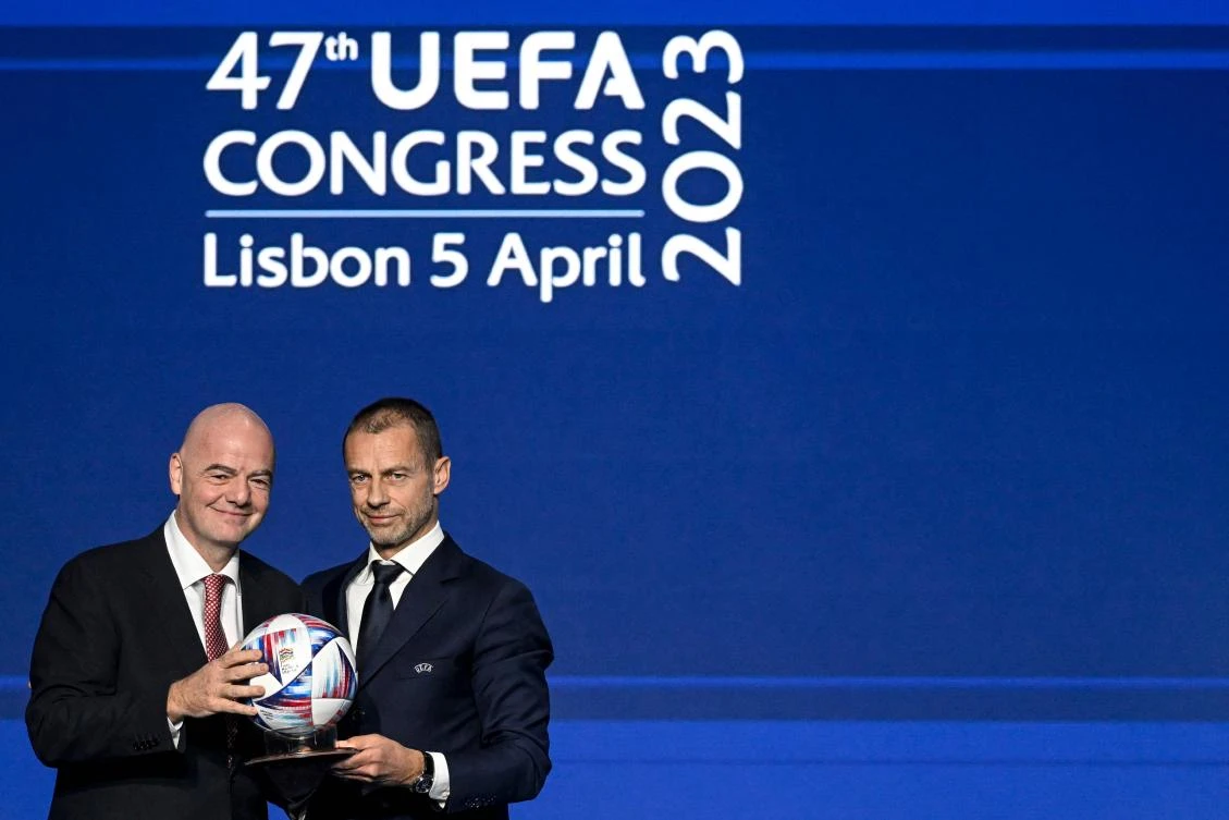 FIFA’s president Gianni Infantino and UEFA’s president Aleksander Ceferin pose for pictures during the 47th UEFA Congress held in Lisbon on Apr. 5, 2023. (AFP)