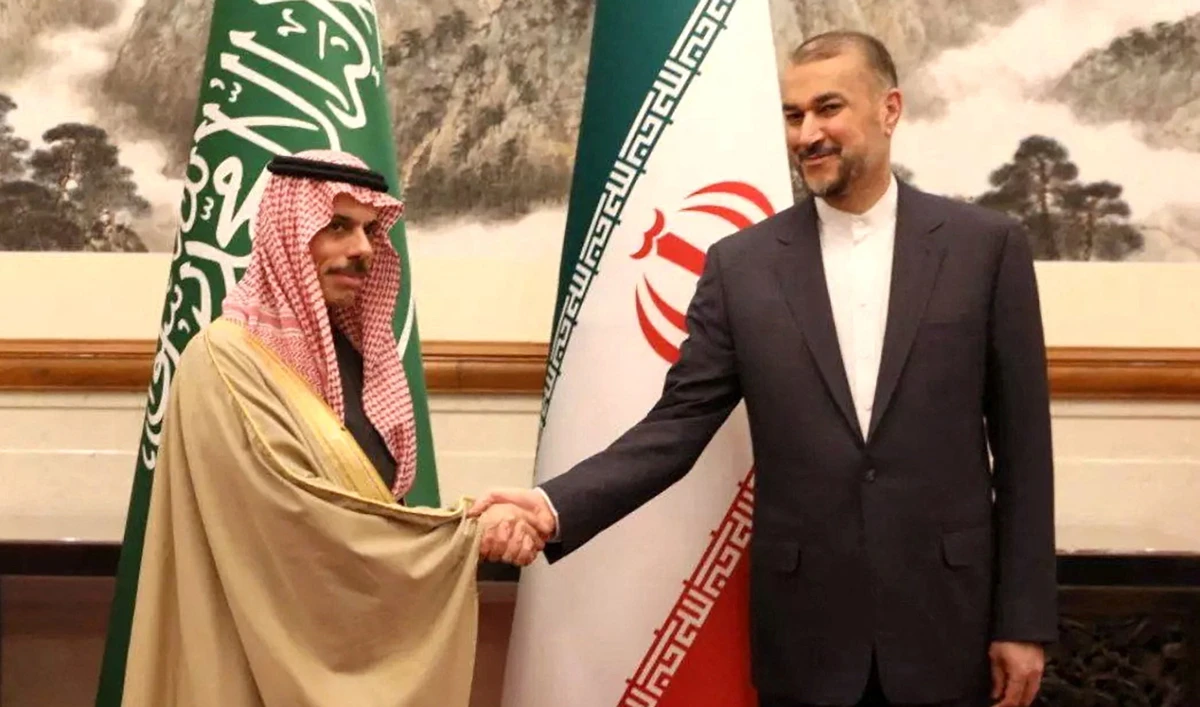 Iranian Foreign Minister Hossein Amir-Abdollahian meets with Saudi Arabia's Foreign Minister Prince Faisal bin Farhan Al Saud in Beijing, China, on April 6, 2023. (WANA via Reuters)