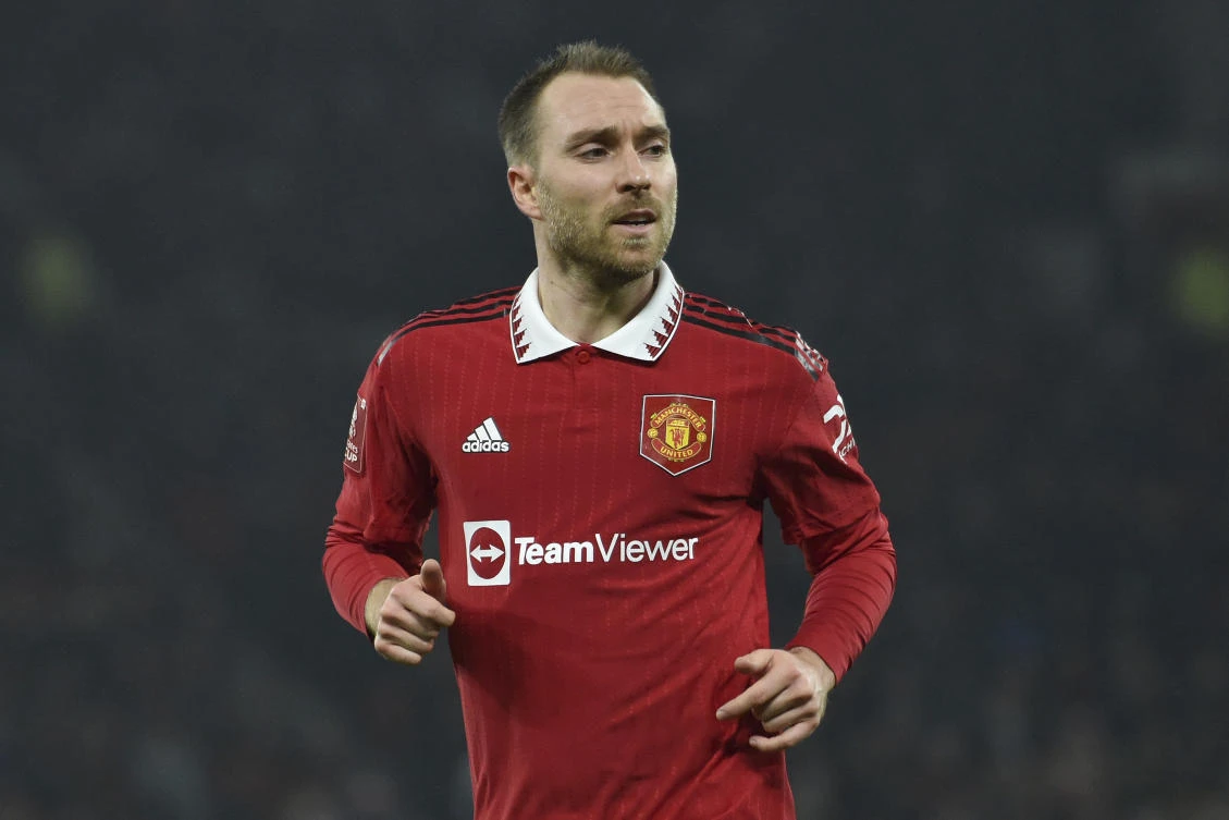 Manchester United’s Christian Eriksen in action during their English FA Cup 4th round match against Reading at Old Trafford in Manchester on Jan. 28, 2023. (AP/File)