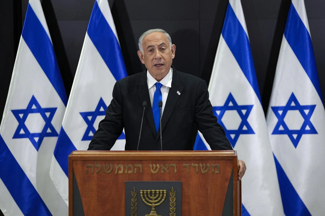 Israeli Prime Minister Benjamin Netanyahu speaks to the media during a press conference, in Tel Aviv, Israel, Monday, April 10, 2023. (AP)