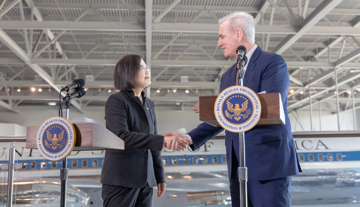 Taiwan’s president Tsai Ing-wen and the US speaker of the House Kevin McCarthy after their meeting at the Ronald Reagan Presidential Library, in Simi Valley, California on April 6, 2023. (Taiwan Presidential Office via Reuters)