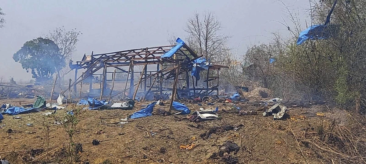 Above, the aftermath of an airstrike in Pazigyi village in Sagaing Region’s Kanbalu Township in Myanmar on April 11, 2023. (Kyunhla Activists Group via AP)
