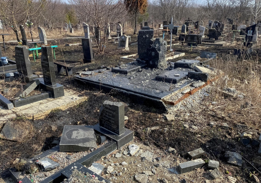 A view shows graves damaged by a Russian military strikes at a cemetery in Ukraine on Mar. 28, 2023. (Reuters)