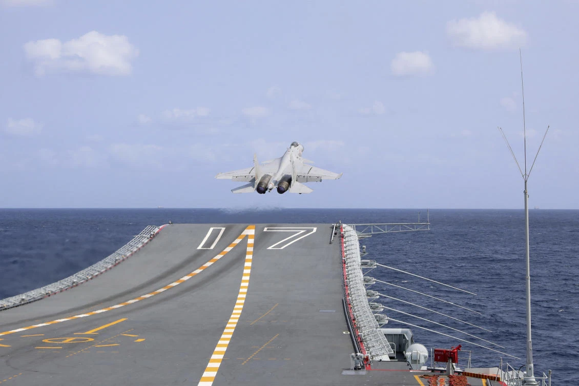 In this photo released by Xinhua News Agency, a J-15 Chinese fighter jet takes off from the Shandong aircraft carrier during the combat readiness patrol and military exercises around the Taiwan Island by the Eastern Theater Command of the Chinese People’s Liberation Army (PLA) on Apr. 9, 2023. (AP)