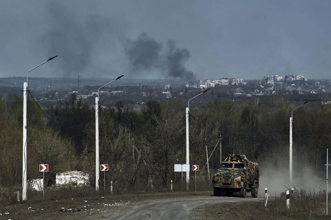A Ukrainian APC seen on the road on the frontline in Bakhmut, Donetsk region, Ukraine, on Apr. 9, 2023. (AP)