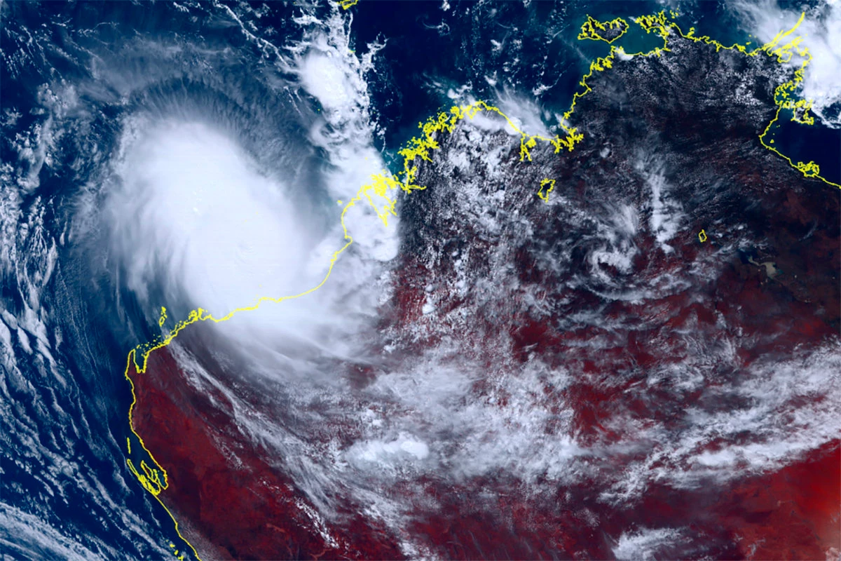 In this satellite image taken by Japanese weather satellite Himawari-8, Cyclone Ilsa approaching Australia's west coast on April 13, 2023. (National Institute of Information and Communications Technology via AP)