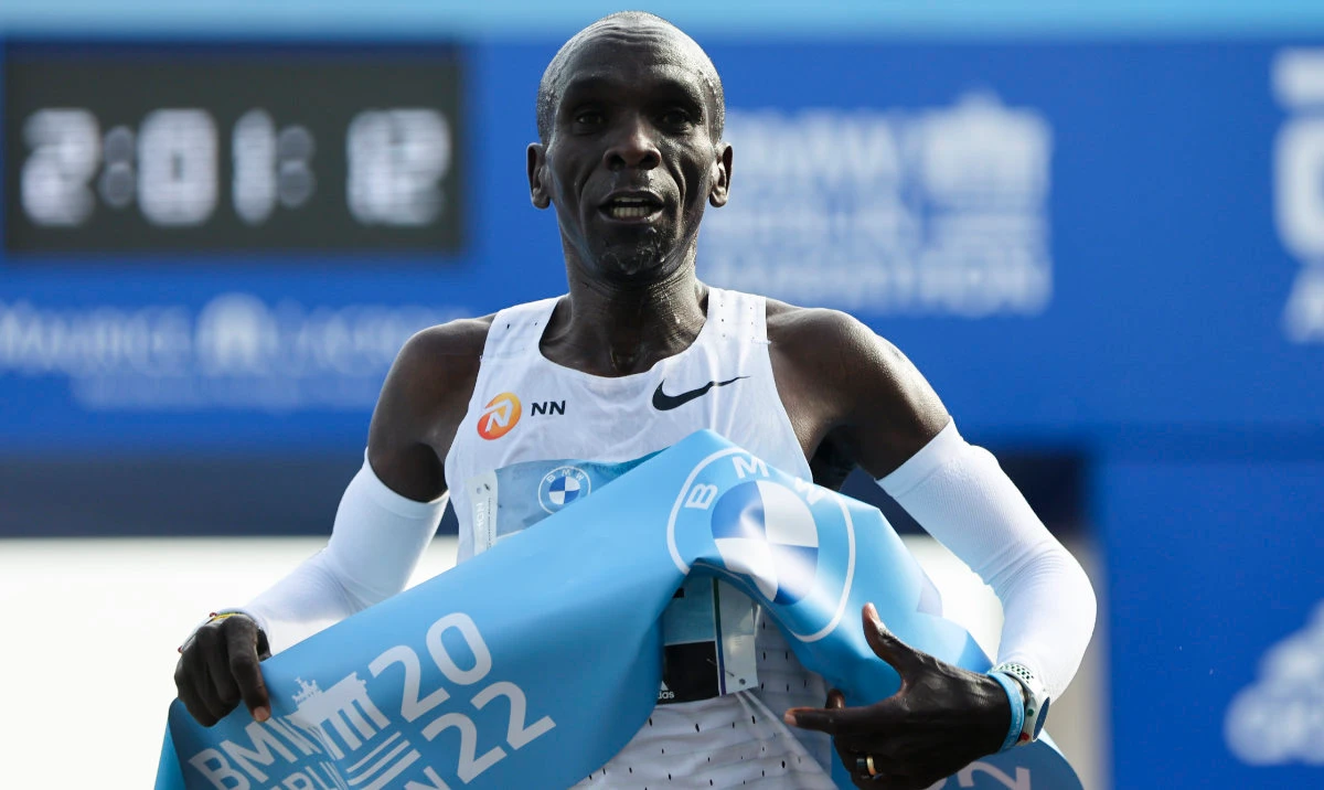 Kenya's Eliud Kipchoge crosses the line to win the Berlin Marathon on Sept. 25, 2022. Kipchoge will make his Boston Marathon debut on Monday in the 127th edition of the world’s longest-running long run. (AP/File)