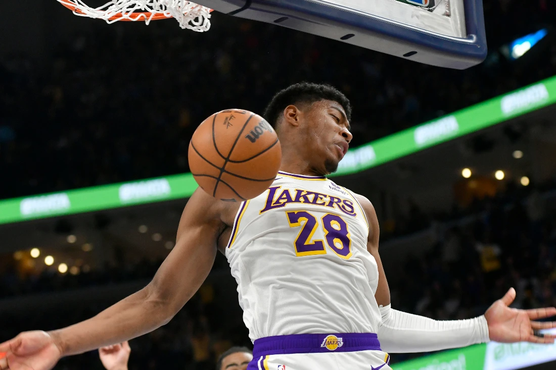 Los Angeles Lakers forward Rui Hachimura dunks during Game 1 of a first-round NBA basketball playoff series against the Memphis Grizzlies in Memphis, Tenn. (AP)