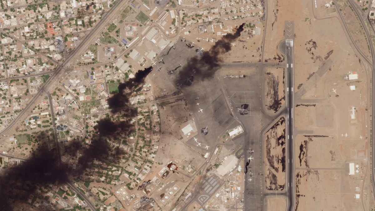 This satellite photo from Planet Labs PBC shows fires burning at Khartoum International Airport in Khartoum, Sudan, Wednesday, April 19, 2023. (AP)