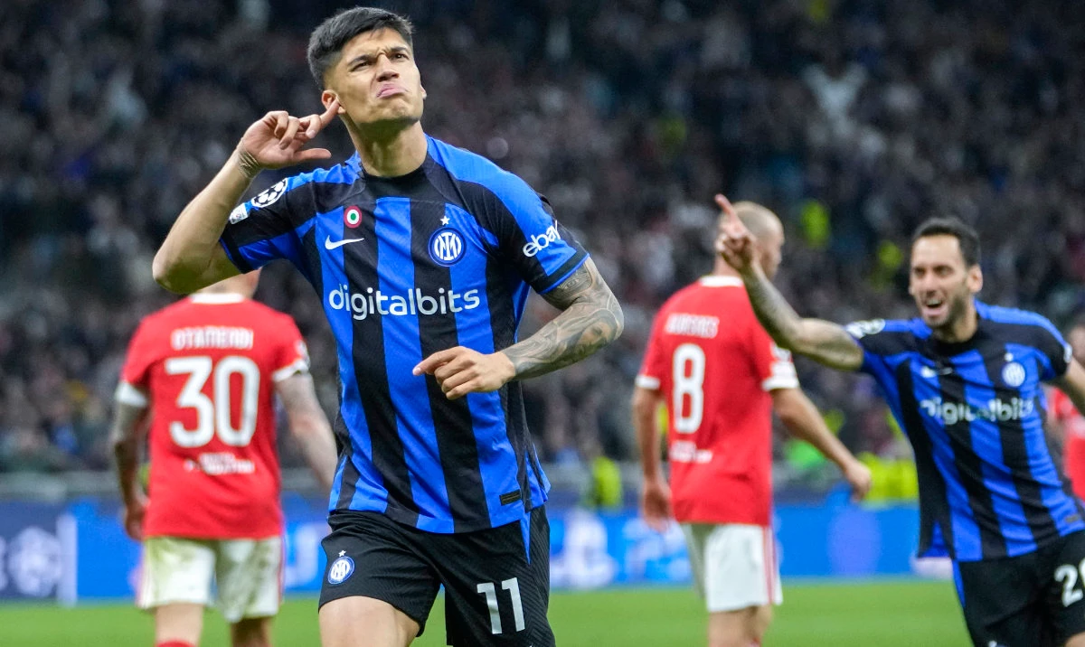 Inter Milan's Joaquin Correa celebrates after scoring his side's third goal during the Champions League quarterfinal second leg against Benfica at the San Siro stadium in Milan, Italy, Wednesday. (AP)