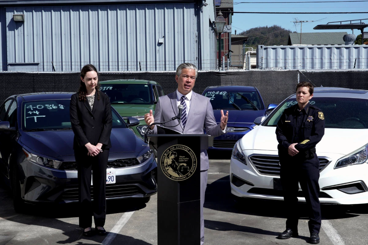 California Attorney General Rob Bonta speaks during a news conference on April 20, 2023, in Berkeley, Califonia, about the surge in thefts of KIA and Hyundai vehicles. (AP)