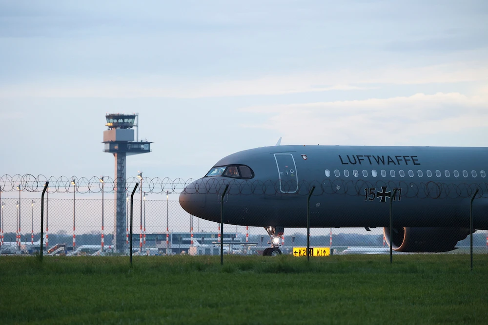 The Luftwaffe has flown out 311 people so far from an airfield near Khartoum. Above, an air force plane with 101 people aboard lands at Berlin Brandenburg Airport in Schonefeld, Germany on April 24, 2023. (dpa via AP)