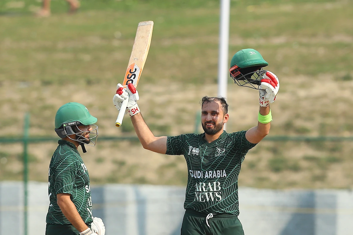 Abdul Waheed celebrates scoring a century for Saudi Arabia during their match against Qatar at the ACC Premier Cup. (asiancricket.org)
