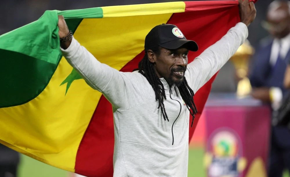 Senegal coach Aliou Cisse celebrates after winning the Africa Cup of Nations, Olembe Stadium, Yaounde, Cameroon, Feb. 6, 2022. (Reuters)