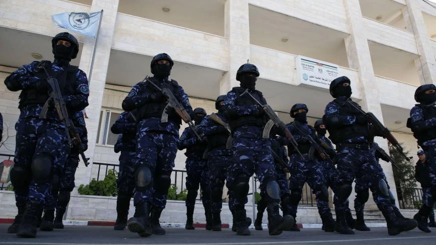 Palestinian policemen participate in a training session at their headquarters in the occupied West Bank city of Hebron, Jan. 30, 2019. (AFP)