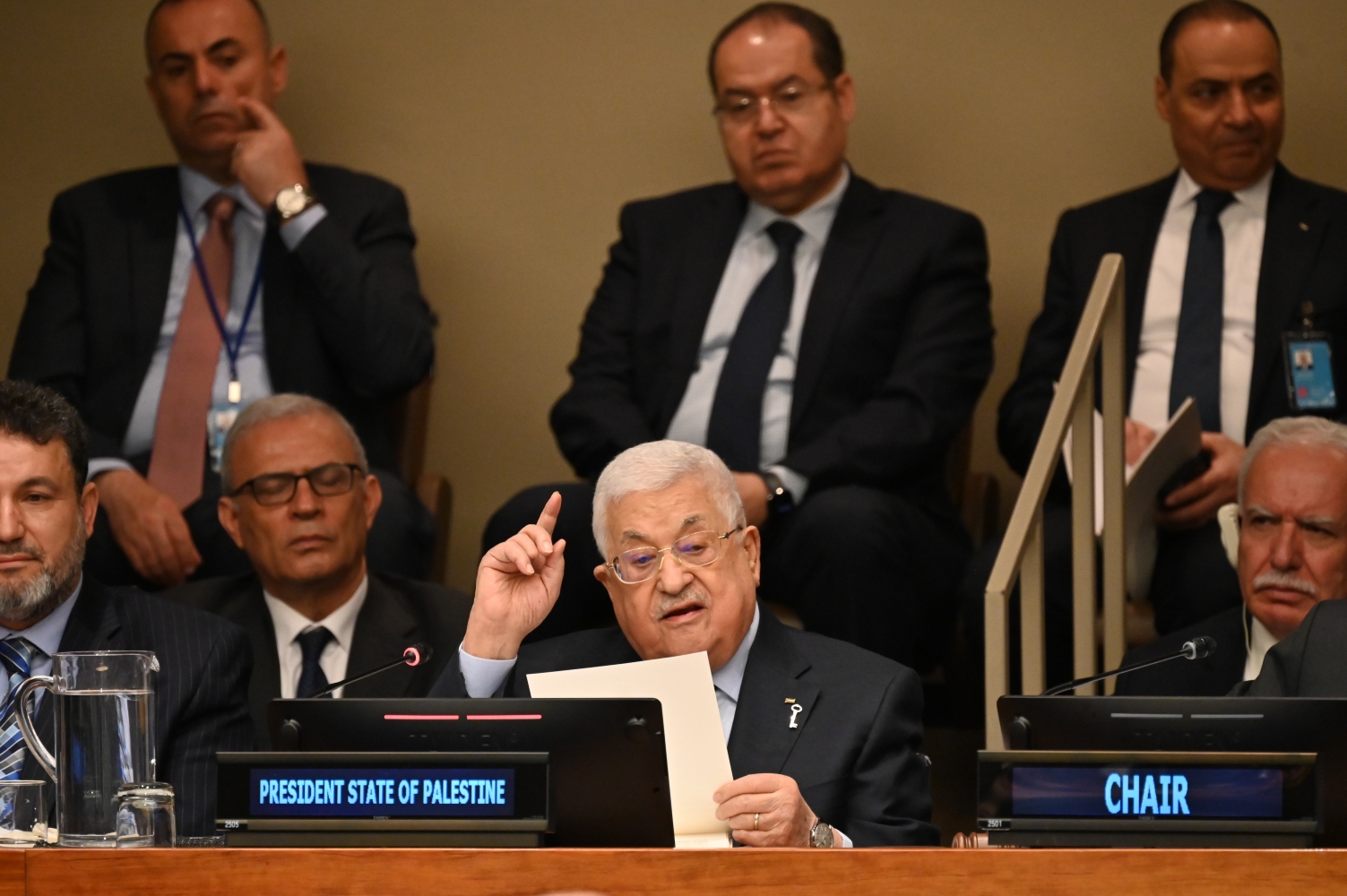 Palestinian President Mahmud Abbas speaks during a high-level UN event to commemorate the 75th anniversary of the Nakba (AFP)