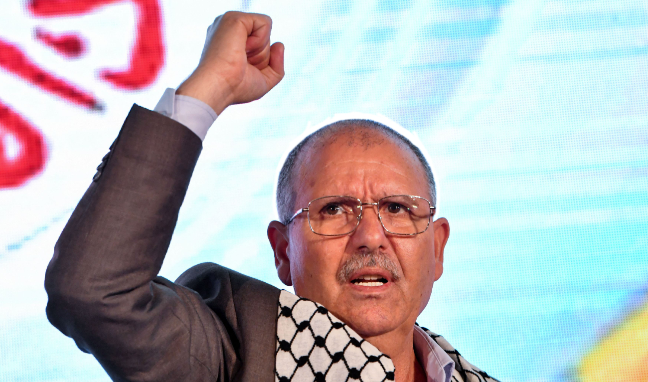 As Noureddine Taboubi of the Tunisian General Labor Union or UGTT was giving his May Day speech in the capital Tunis, protesters in the country’s second city Sfax denounced “an IMF government,” saying “No to colonization.” (AFP)