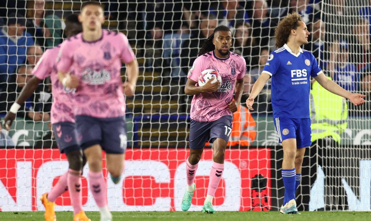 Everton's Nigerian midfielder Alex Iwobi (C) after scoring his team's second goal during the English Premier League football match between Leicester City and Everton at King Power Stadium in Leicester, central England on Monday. (AFP)