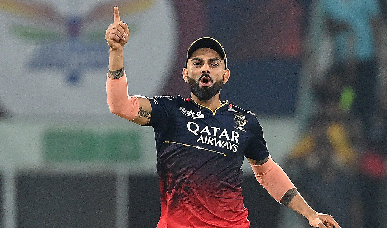 Royal Challengers Bangalore's Virat Kohli celebrates after the dismissal of Lucknow Super Giants' Ravi Bishnoi (not pictured) during the Indian Premier League (IPL) Twenty20 cricket match between Lucknow Super Giants and Royal Challengers Bangalore at the Ekana Cricket Stadium in Lucknow on May 1, 2023. (Photo courtesy: AFP)