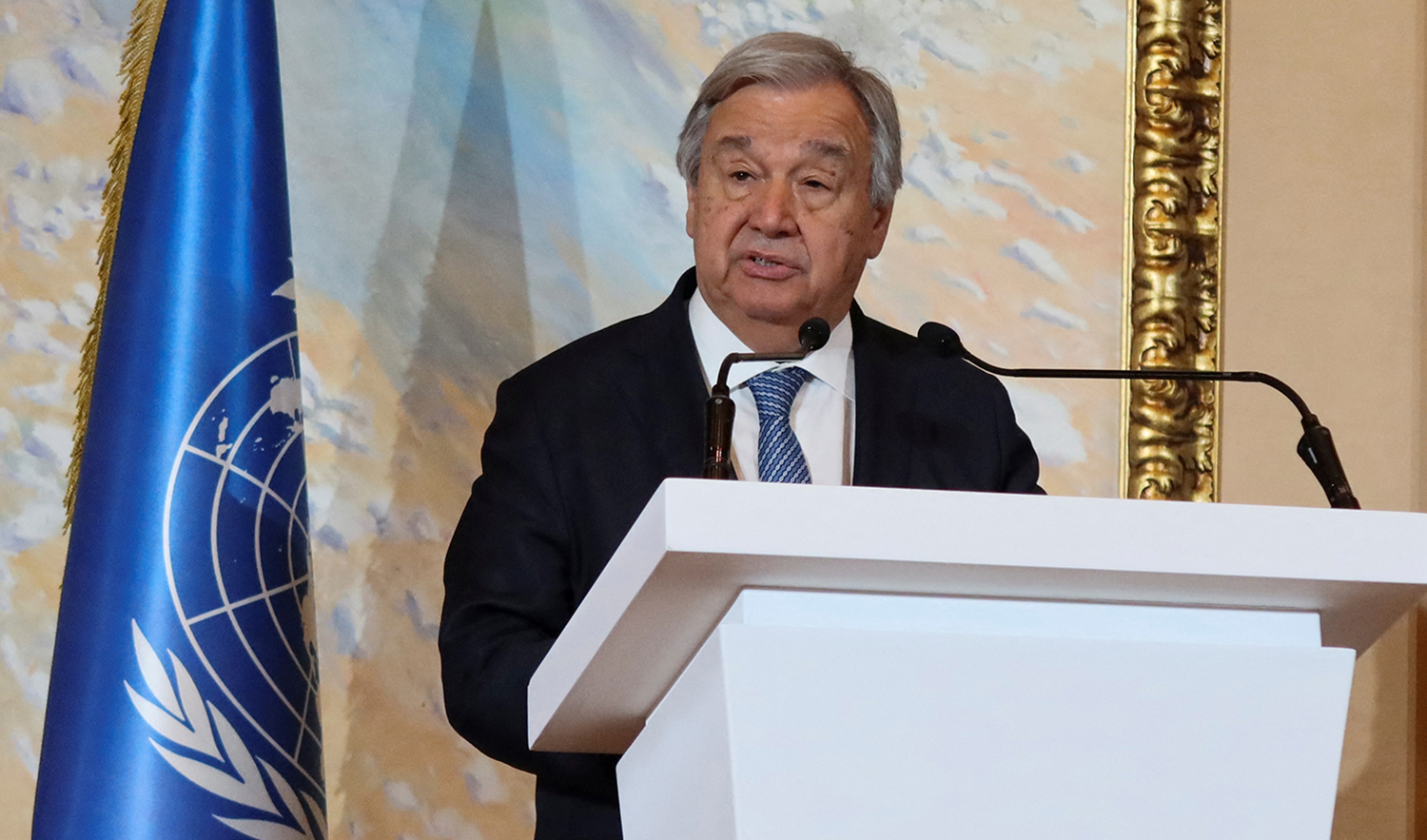 United Nations Secretary General, Antonio Guterres, delivers a press statement to reporters after a meeting of envoys from more than 20 countries on Afghanistan in Doha, Qatar on May 2, 2023. (REUTERS)