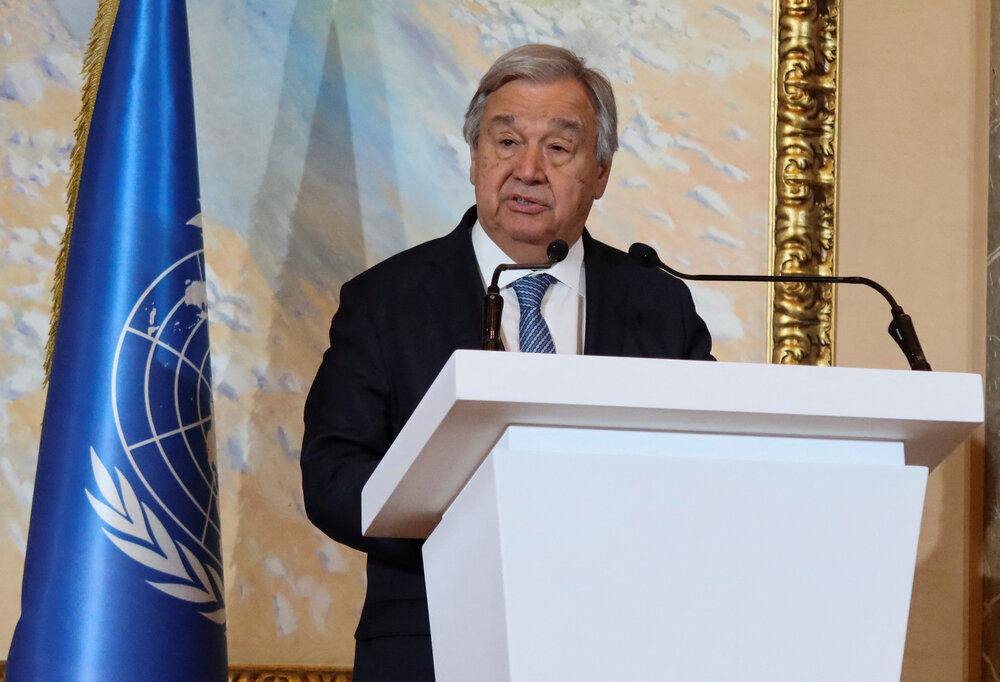 UN Secretary General, Antonio Guterres, delivers a press statement to reporters after a meeting of envoys from more than 20 countries on Afghanistan in Doha on May 2, 2023. (Reuters)