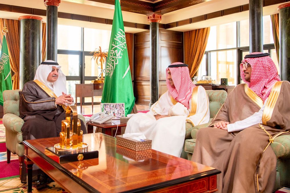 From left: Prince Fahd bin Sultan bin Abdulaziz, the governor of Tabuk Region, meets with Raed bin Abdulaziz Abuzinada, CEO of the Camel Club, and Saud bin Hathleen, the Director of Regions Festivals in the Camel Club. (Supplied)