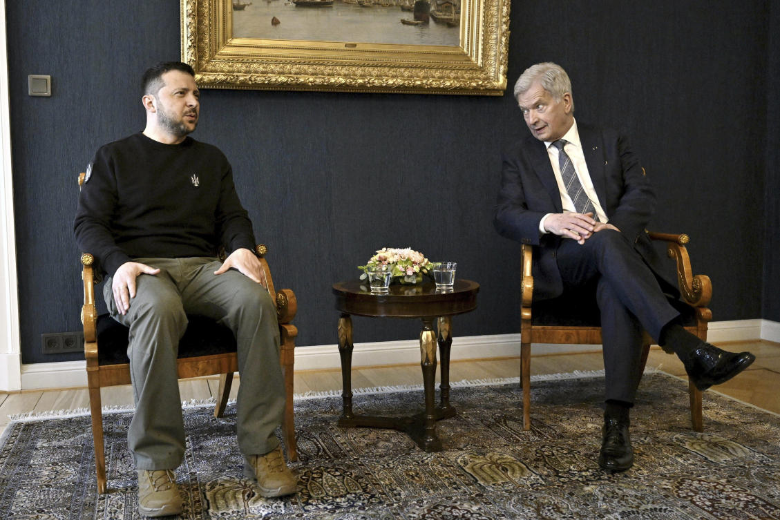 Ukrainian president Volodymyr Zelensky, left, and Finnish president Sauli Niinisto meet at the Presidential Palace in Helsinki on May 3, 2023. (Lehtikuva via AP)